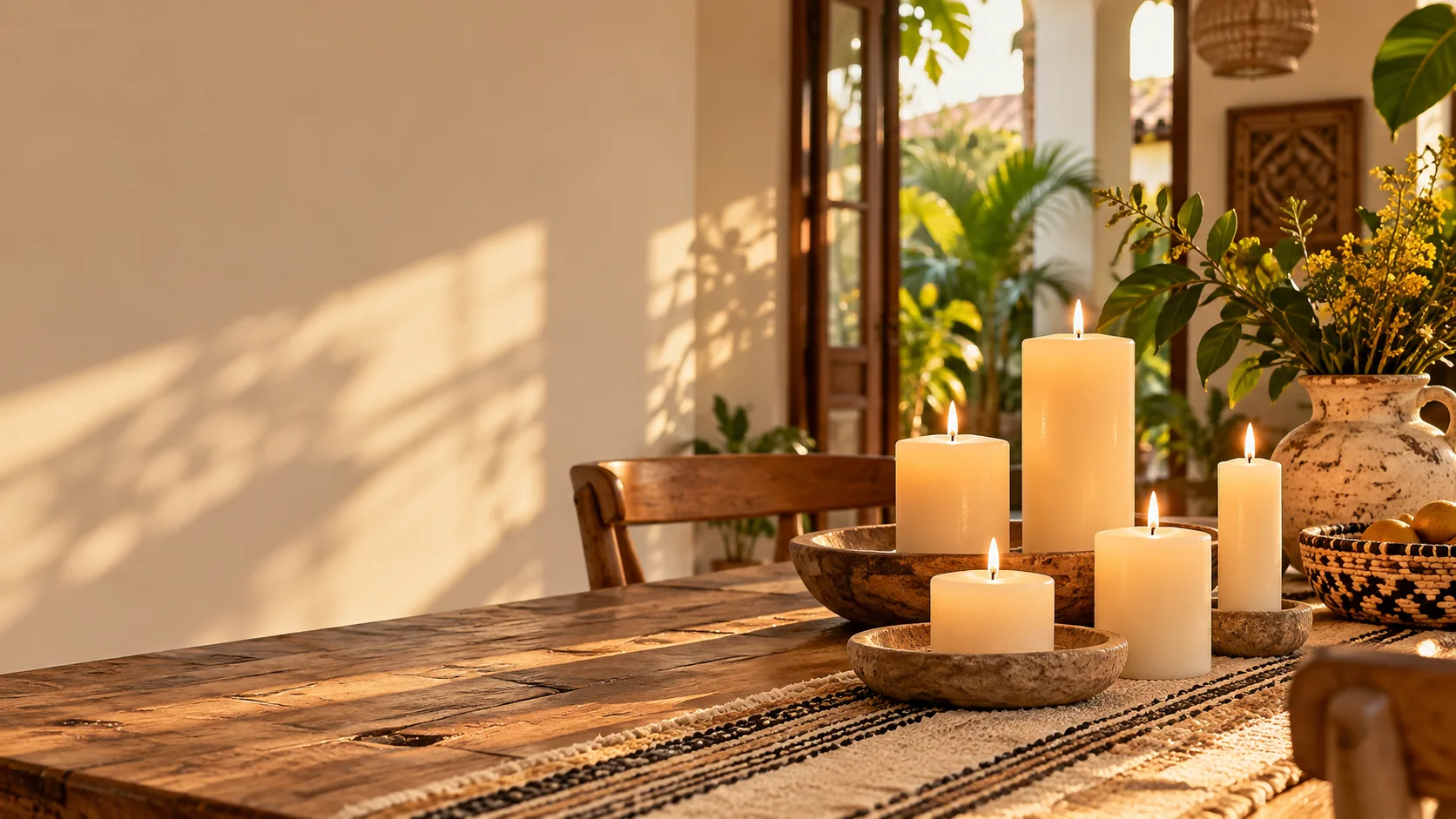 Velas encendidas en una mesa de hogar con luz cálida